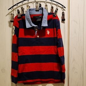 U.S. Polo Assn. Red and Navy Striped Polo with Denim Collar